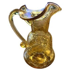 Vintage Amber Crackle Glass Ruffle Top Handled Pitcher Vase Hand-blown MCM